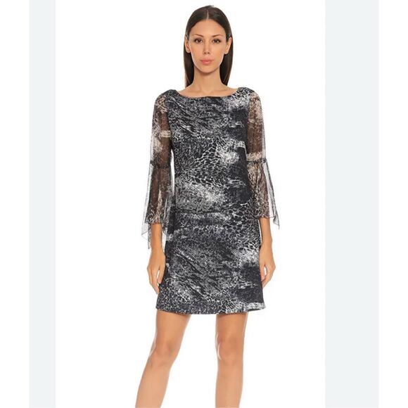 ELIE TAHARI grey leopard print Shift Dress with silk flared sleeves size 6 - Picture 1 of 11